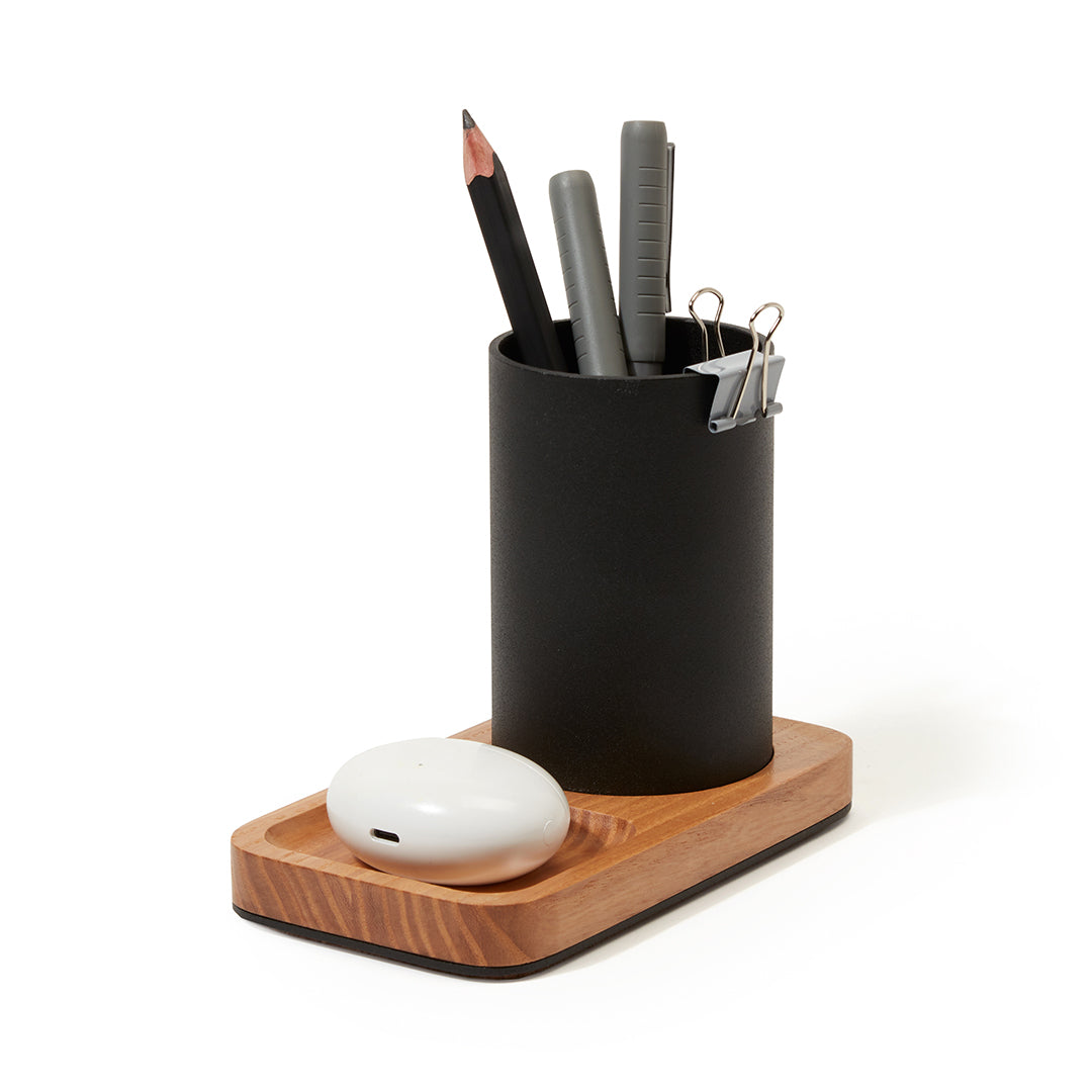 Wood pen tray for desk with metal glass